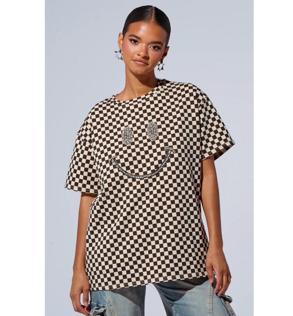 Akira RHINESTONE SMILEY FACE OVERSIZED CHECKERED TSHIRT One size